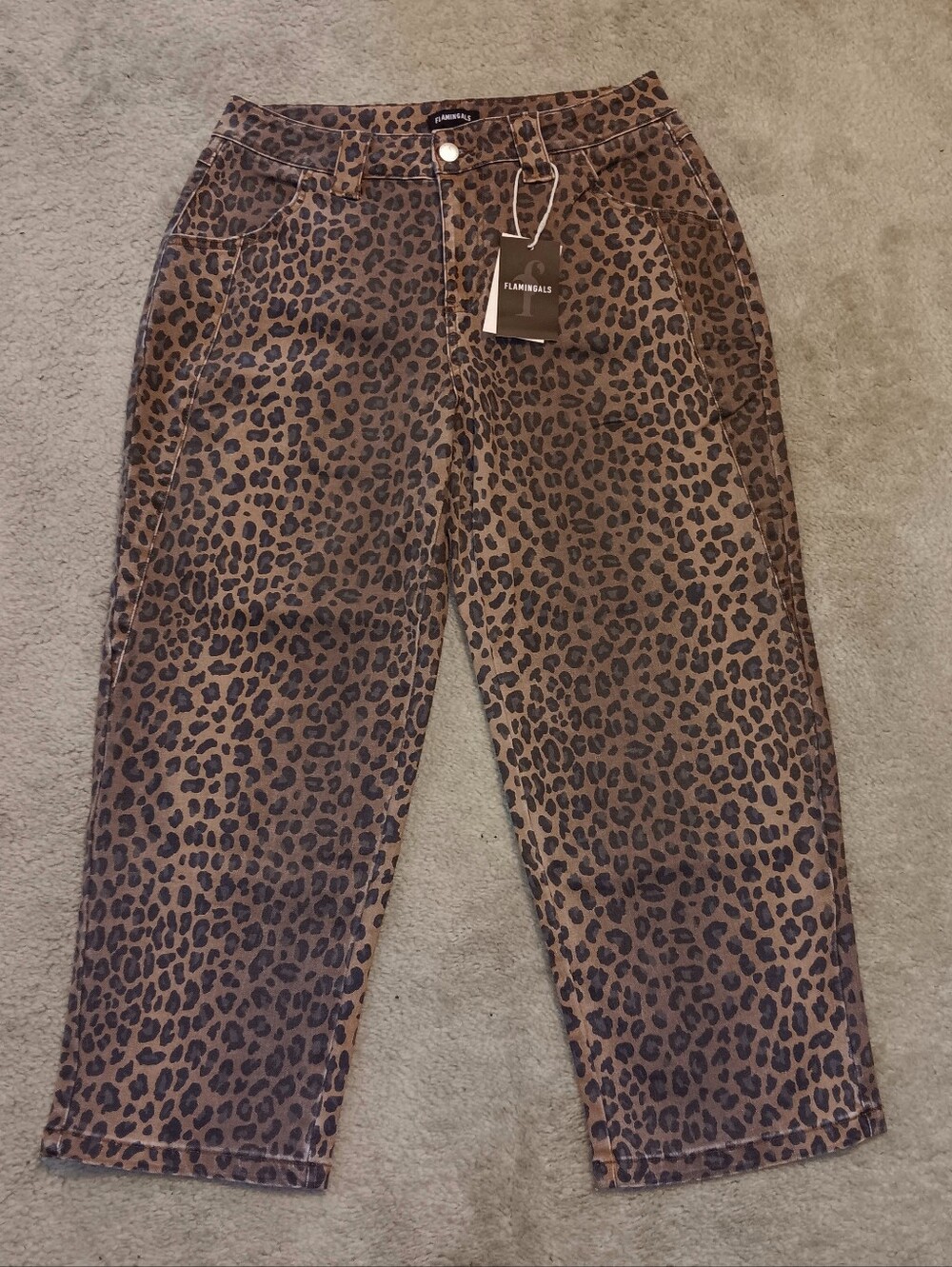 Flamingals Brown Leopard Cheetah Print Women's Crop Stretch Jeans Size M NEW